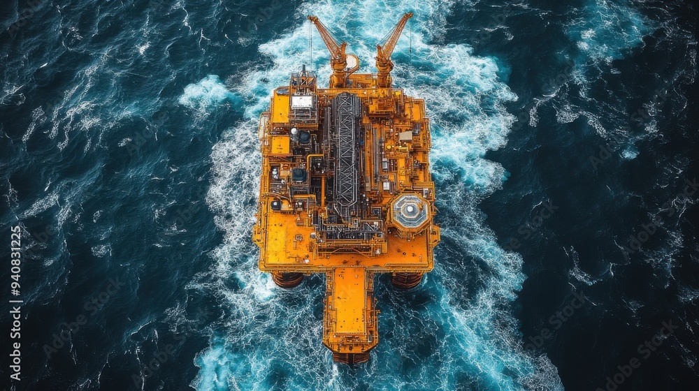 Aerial view of an offshore oil rig surrounded by ocean waves. Aerial view of an offshore oil rig surrounded by ocean waves.