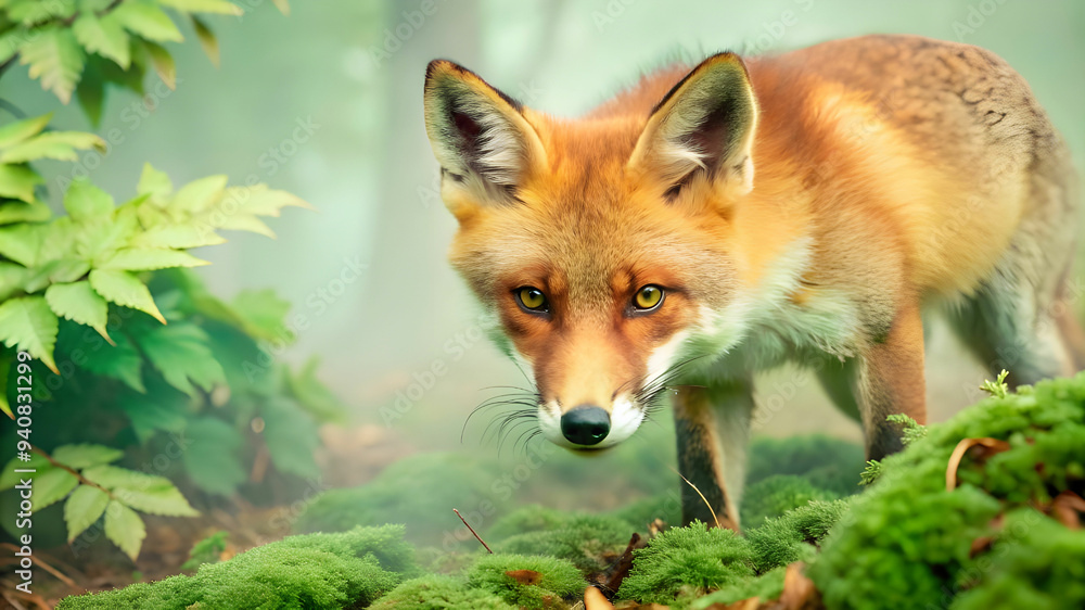 Fototapeta premium a hungry red fox sneaking through a misty forest