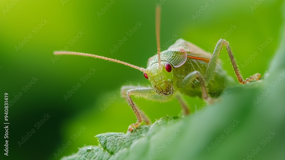 A macro shot of a grasshopper perched on a wet green leaf, with dewdrops adorning its hind legs A macro shot of a grasshopper perched on a wet green leaf, with dewdrops adorning its hind legs