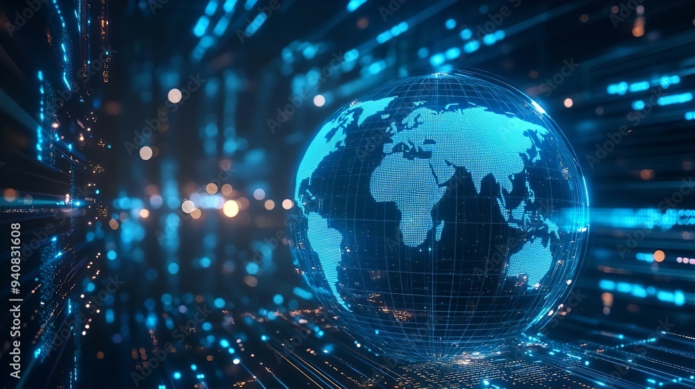 A digital representation of Earth showing a glowing blue globe surrounded by interconnected data networks at night A digital representation of Earth showing a glowing blue globe surrounded by interconnected data networks at night