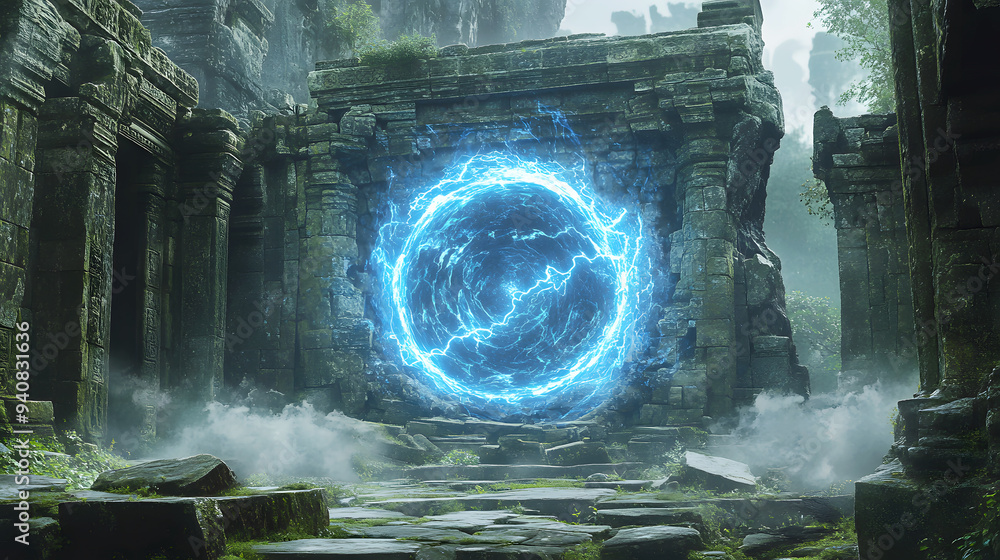 Mystical Ancient Ruins A glowing electric blue lightning round frame ...