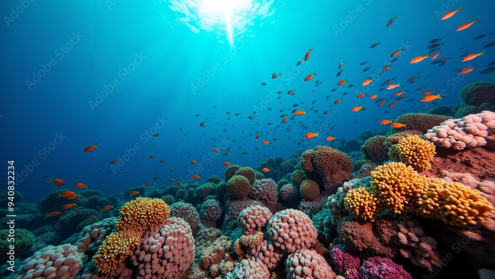 Obraz premium Colorful Coral Reef with Fish and Sunlight
