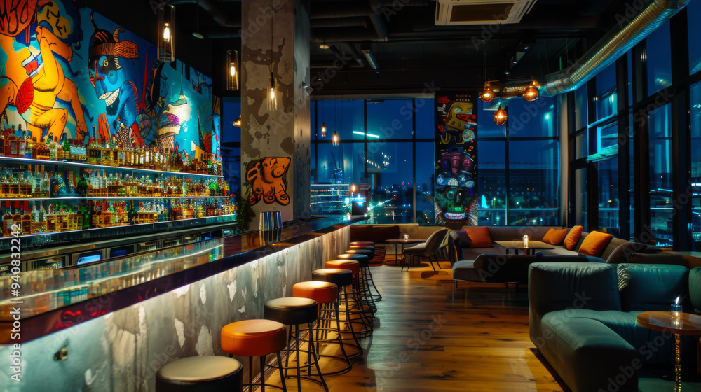 Fototapeta premium A vibrant rooftop bar with colorful decor and a stylish interior during dusk