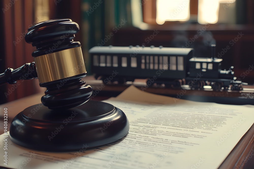 A gavel and model train on a desk, next to a paper document in a modern office setting background A gavel and model train on a desk, next to a paper document in a modern office setting background
