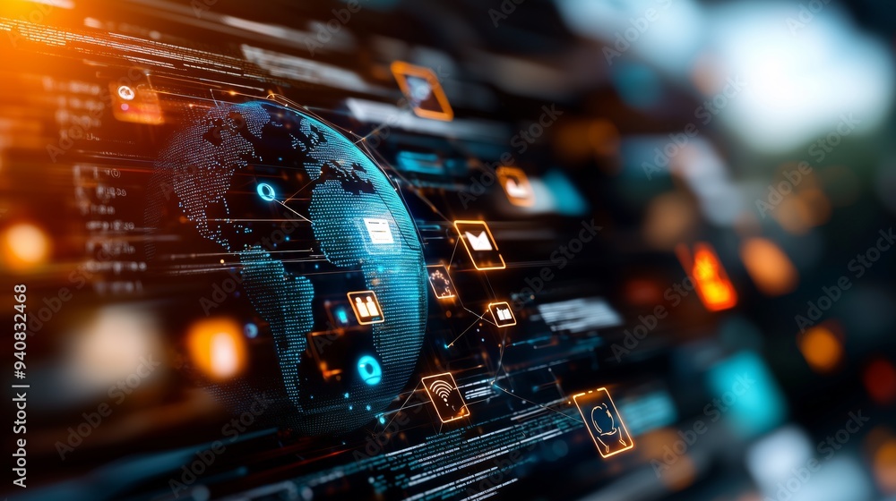Fototapeta premium Global Network Connection with Digital Icons and Code on Screen