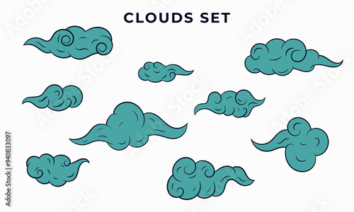 Set of clouds Illustration, hand drawn cloud set.japanese or chinese style traditional clouds set vector.