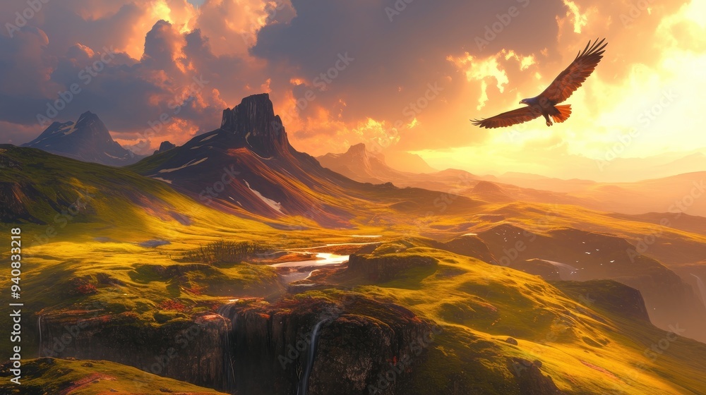Eagle soaring above a majestic mountain range at sunset, with a river winding through the valley below. Eagle soaring above a majestic mountain range at sunset, with a river winding through the valley below.