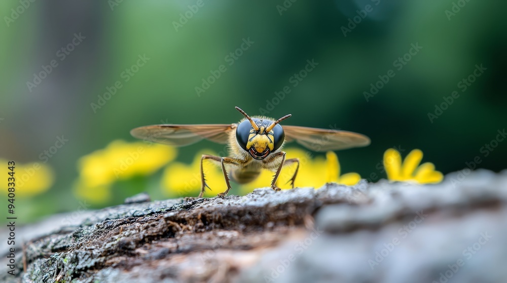 fly atop tree stump, yellow flowers behind