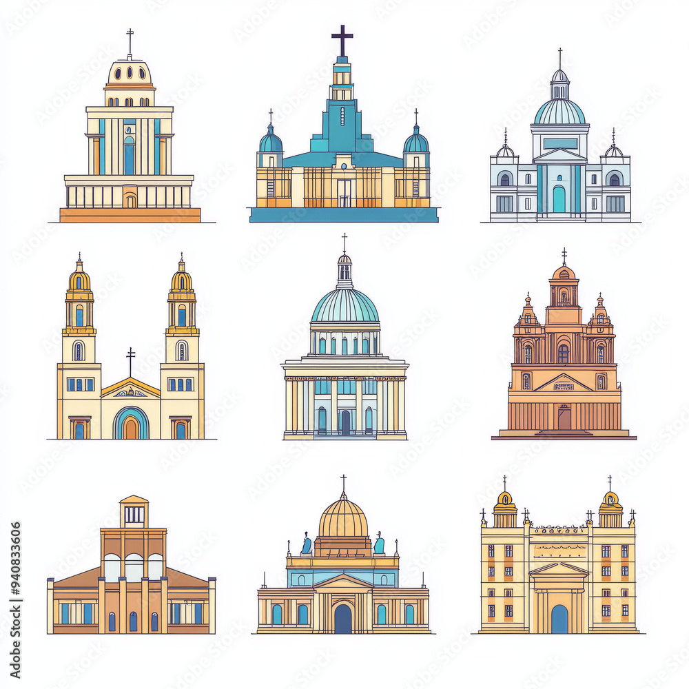 Vector illustrations featuring famous landmarks of Argentina, presented in a linear, minimalist style. The set includes the Basilica of Our Lady of Lujan with its twin spires and ornate details. Vector illustrations featuring famous landmarks of Argentina, presented in a linear, minimalist style. The set includes the Basilica of Our Lady of Lujan with its twin spires and ornate details.