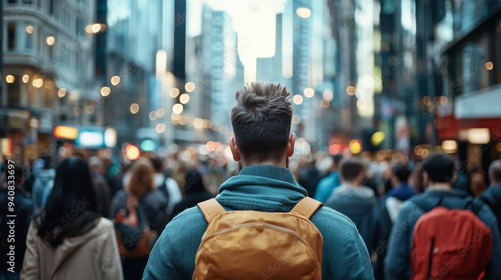 Man with Backpack in Busy City Street Man with Backpack in Busy City Street