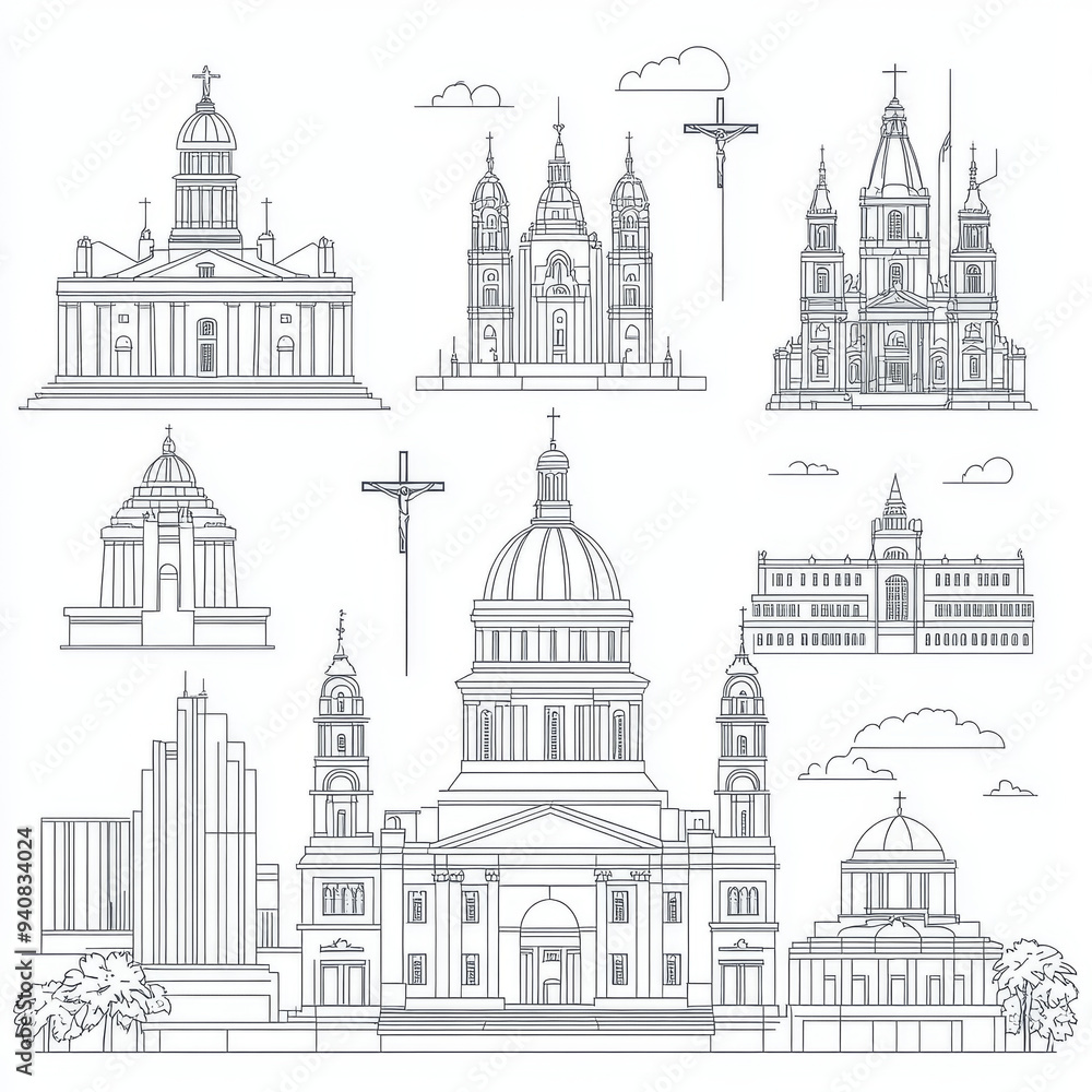 Vector illustrations featuring famous landmarks of Argentina, presented in a linear, minimalist style. The set includes the Basilica of Our Lady of Lujan with its twin spires and ornate details. Vector illustrations featuring famous landmarks of Argentina, presented in a linear, minimalist style. The set includes the Basilica of Our Lady of Lujan with its twin spires and ornate details.