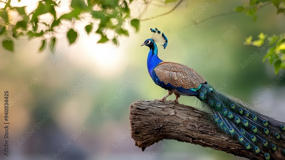 Obraz premium A peacock perched on a tree branch, surrounded by verdant foliage, against a softly blurred backdrop