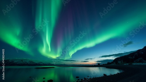Wallpaper Mural Stunning Green Aurora Borealis Display Over a Tranquil Lake Torontodigital.ca