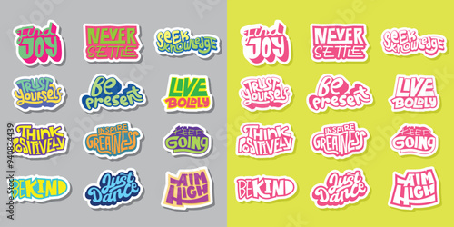 Cool Colorful Short Quotes Vector Stickers. Collection of Hand Drawn Groovy Typography