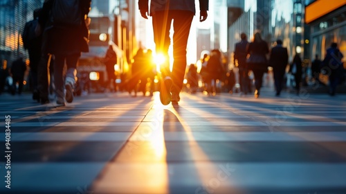 Silhouette of a Man Walking Towards Sunset in a City with Blurred People