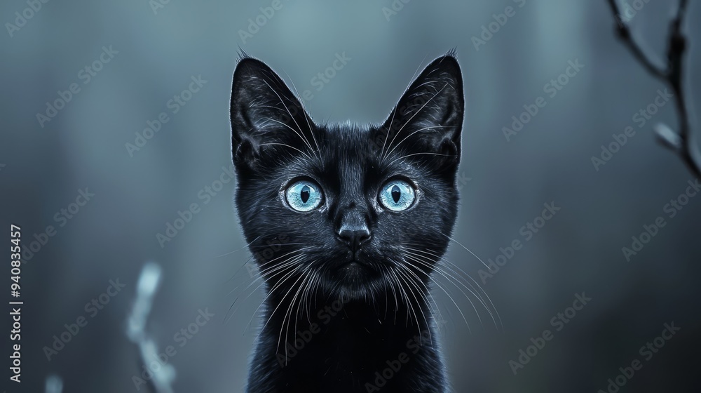  A black feline with blue eyes gazes intently into the camera, exuding an unsettling demeanor, amidst a dark forest