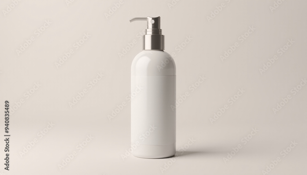 Mock up blank cosmetic spray bottle with clear label, isolated on a neutral background Mock up blank cosmetic spray bottle with clear label, isolated on a neutral background
