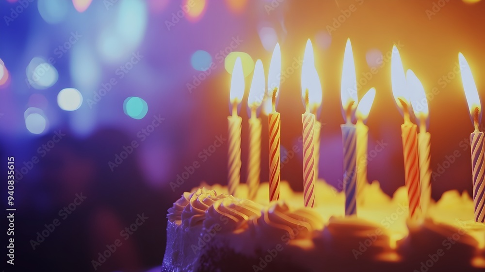 Vibrant and mouthwatering birthday cake with glowing candles set against a blurred celebratory background creating a warm and festive atmosphere perfect for any special occasion Vibrant and mouthwatering birthday cake with glowing candles set against a blurred celebratory background creating a warm and festive atmosphere perfect for any special occasion