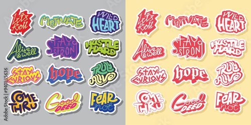 Cool Colorful Short Quotes Vector Stickers. Collection of Hand Drawn Groovy Typography