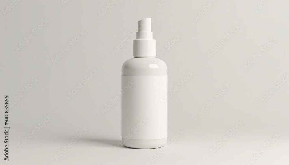 Mock up blank cosmetic spray bottle with clear label, isolated on a neutral background Mock up blank cosmetic spray bottle with clear label, isolated on a neutral background