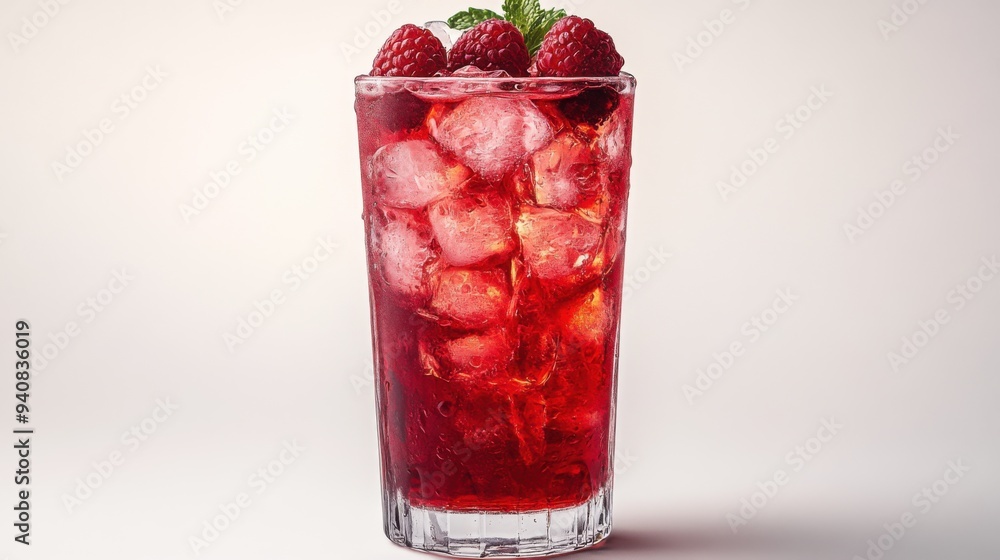 A refreshing raspberry drink with ice and mint garnish. A refreshing raspberry drink with ice and mint garnish.