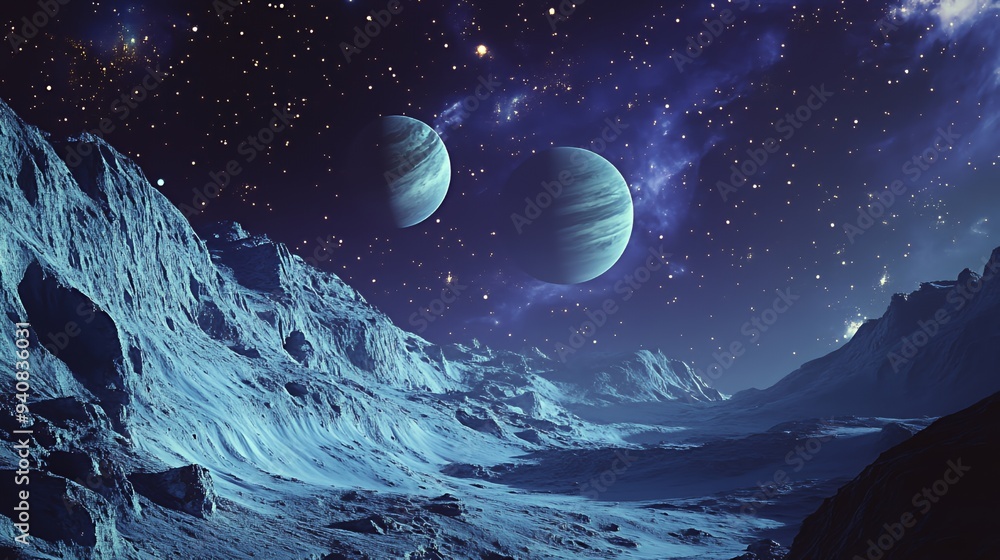 A surreal alien landscape featuring two large planets in a starry sky. A surreal alien landscape featuring two large planets in a starry sky.