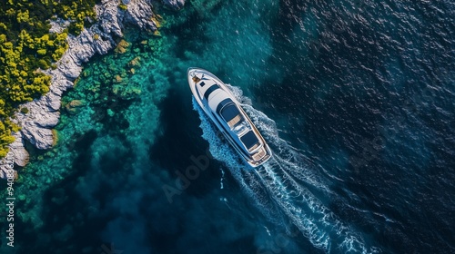 A motorboat glides through azure waters of Primorje-Gorski Kotar, evoking freedom and adventure. photo