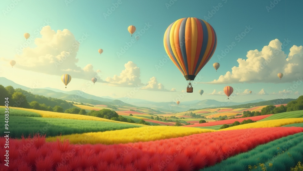 Fototapeta premium Hot Air Balloons Soaring Over Colorful Fields