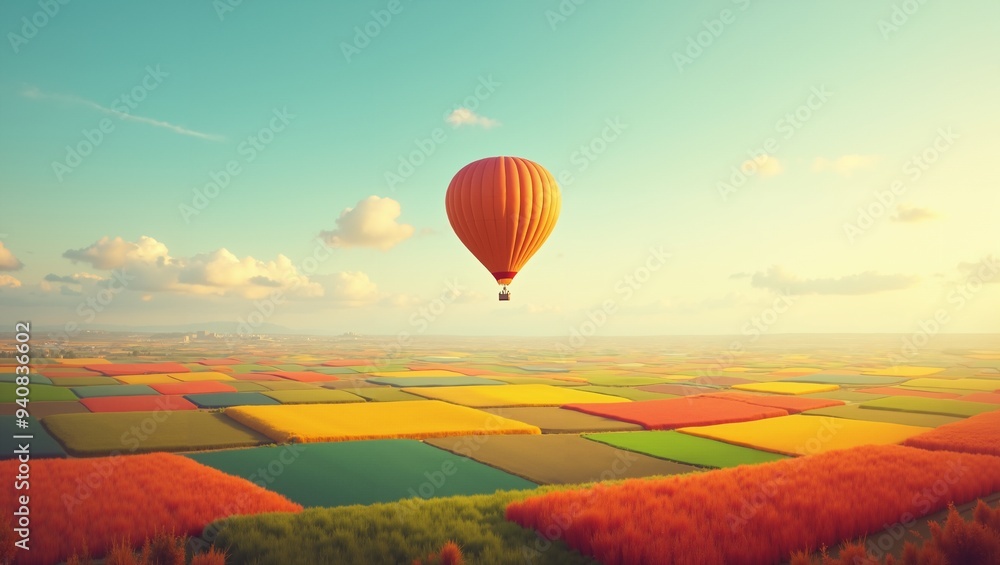 Fototapeta premium Hot Air Balloon Soaring Over Colorful Fields