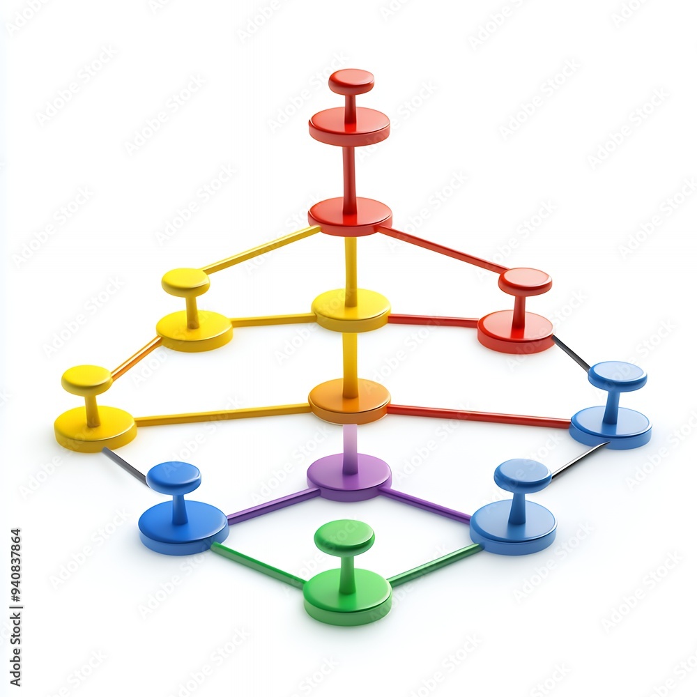 A colorful abstract structure with interconnected nodes and lines, representing a network or hierarchy.