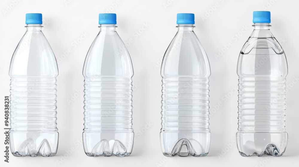 3D vector mockups of plastic water bottles. The collection includes empty drink containers for clear mineral, carbonated, and soft beverages, as well as gallon cooler jugs, sport packs, and liter pack 3D vector mockups of plastic water bottles. The collection includes empty drink containers for clear mineral, carbonated, and soft beverages, as well as gallon cooler jugs, sport packs, and liter pack
