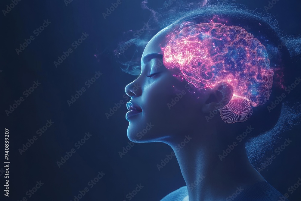 Digital Silhouette of a Woman with a Glowing Brain: Exploring Cognitive Thought Neural Connectivity and the Power of the Mind in a Modern Context Digital Silhouette of a Woman with a Glowing Brain: Exploring Cognitive Thought Neural Connectivity and the Power of the Mind in a Modern Context