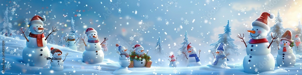 Snowmen. Many Snowmen Standing in Winter Christmas Landscape. Merry Christmas and Happy New Year Greeting Card Snowmen. Many Snowmen Standing in Winter Christmas Landscape. Merry Christmas and Happy New Year Greeting Card