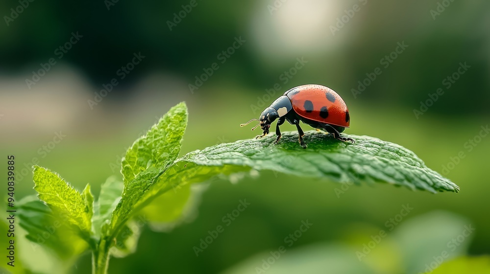 A ladybug atop a green leaf, amidst an expanse of numerous leaves A ladybug atop a green leaf, amidst an expanse of numerous leaves