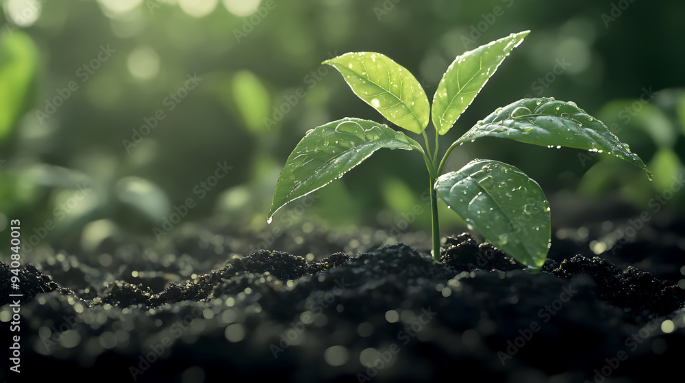 Photorealistic A close-up of a young plant growing in rich, dark soil ...