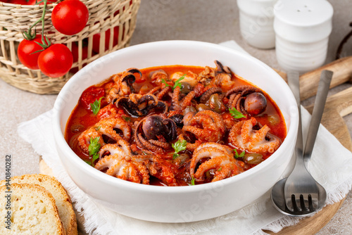 Italian or Greek-style braised baby octopus stew with tomato sauce, garlic and olives. photo