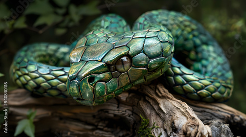 Intricately Carved Green Wooden Snake Figurine. chinese goroskop 2025 photo