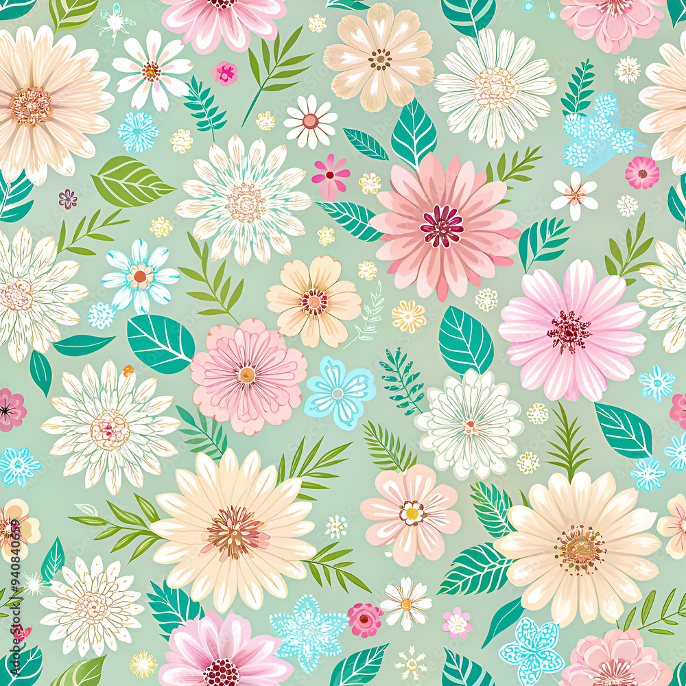 seamless pastel green pattern with colorful flowers, a spring theme seamless pastel green pattern with colorful flowers, a spring theme
