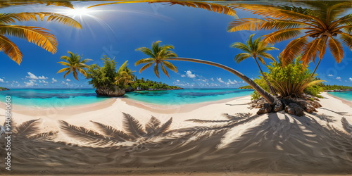 Full 360 degrees seamless spherical panorama HDRI equirectangular projection of A pristine tropical beach. Texture environment map for lighting and reflection source rendering 3d scenes.	

