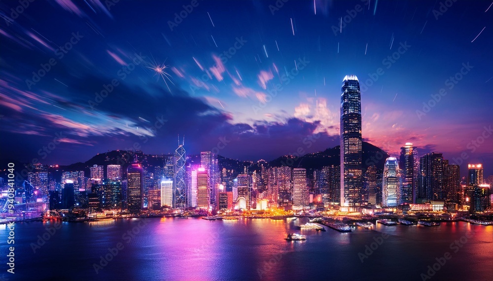 Fototapeta premium A vibrant city skyline at night.