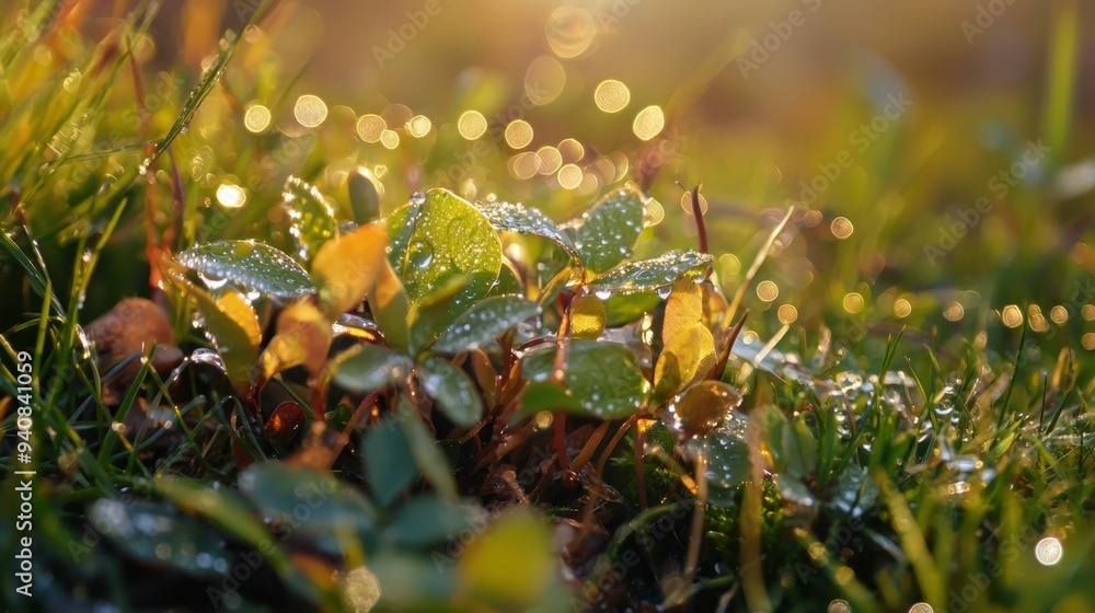  A tight shot of grass leaves dotted with dew, sun illuminating through each drop