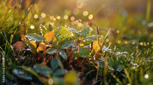  A tight shot of grass leaves dotted with dew, sun illuminating through each drop