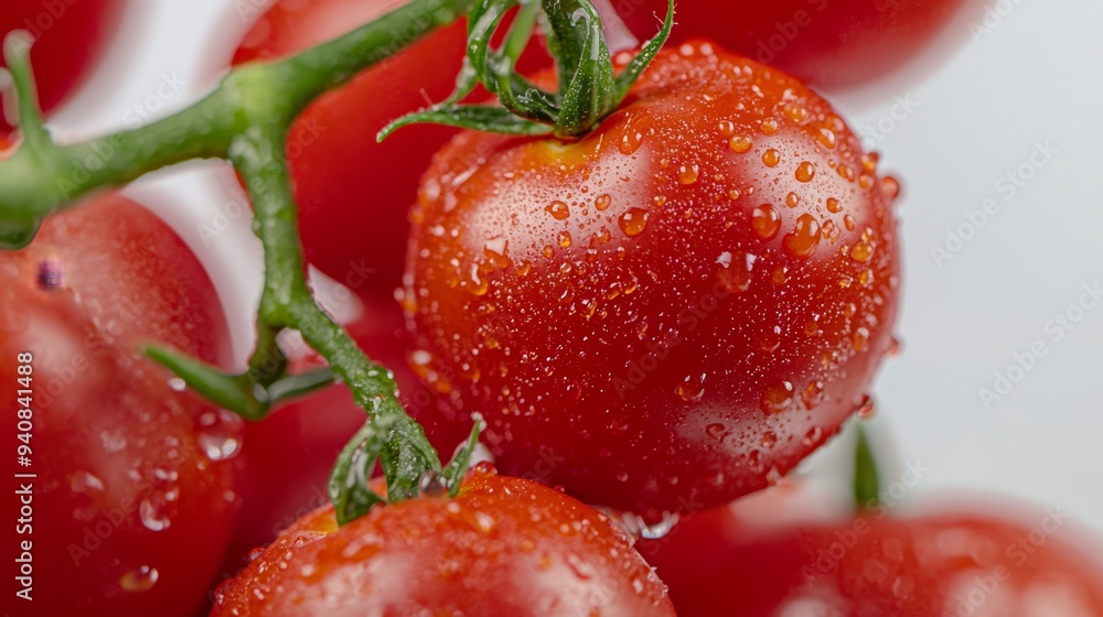 Close-up of ripe tomatoes on a vine, adorned with water droplets on their green leaves against a pristine white backdrop Close-up of ripe tomatoes on a vine, adorned with water droplets on their green leaves against a pristine white backdrop
