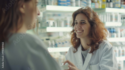 Pharmacist assisting a customer in a modern pharmacy during daylight hours