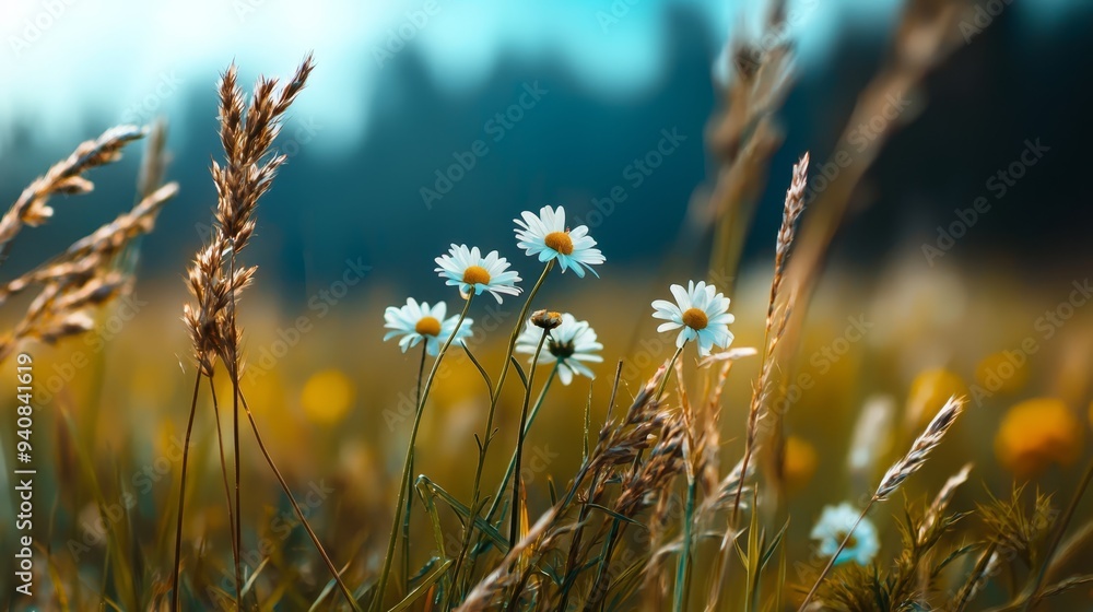 Obraz premium A field brimming with tall grass crowned in masses of white blooms borders a forest teeming with tall grass adorned with yellow and white flowers