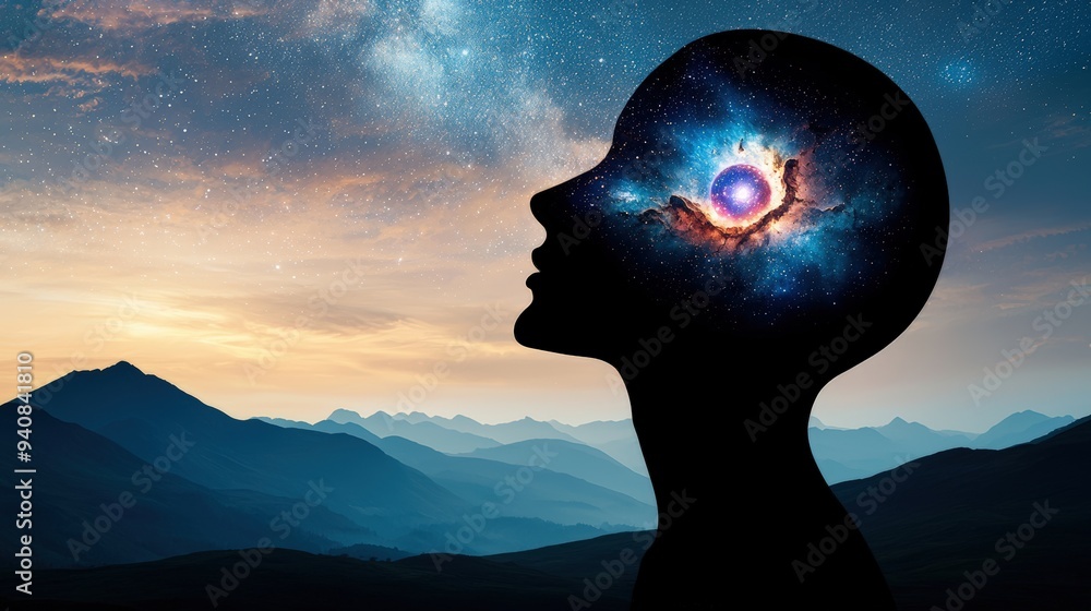 Silhouette of a person with a galaxy inside their head representing cosmic wisdom in a serene landscape Silhouette of a person with a galaxy inside their head representing cosmic wisdom in a serene landscape