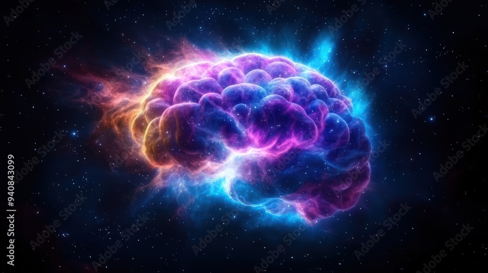 A cosmic nebula shaped like a brain symbolizing universal wisdom in deep space A cosmic nebula shaped like a brain symbolizing universal wisdom in deep space