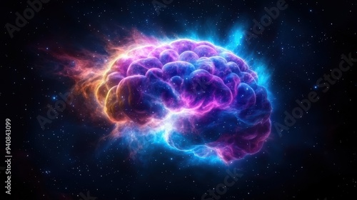 A cosmic nebula shaped like a brain symbolizing universal wisdom in deep space