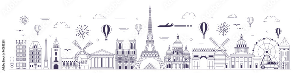 Travel Paris Web Banner with Popular Landmarks