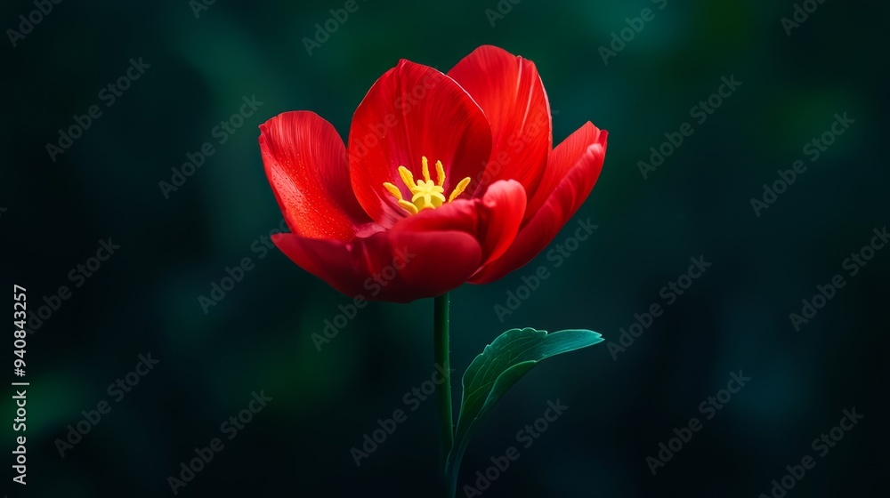 A red flower with a yellow center Green stem Yellow center atop green stem A red flower with a yellow center Green stem Yellow center atop green stem